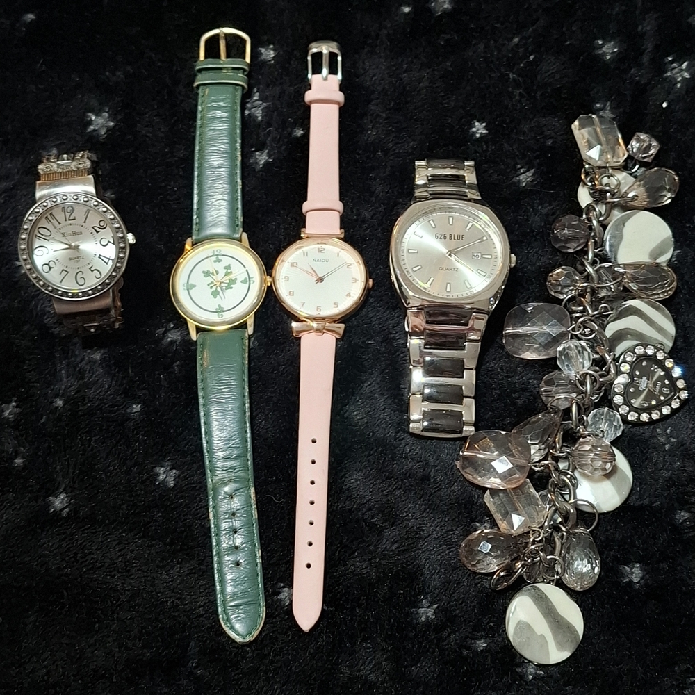 ⌚️Bundle Silver Rose Gold Watches Leather Cuff Crystal Figaro Couture Charm